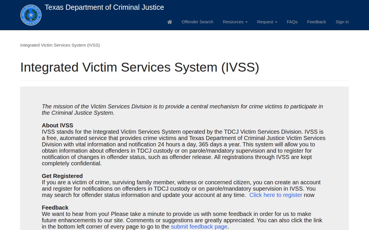 Texas Department of Criminal Justice IVSS notification portal