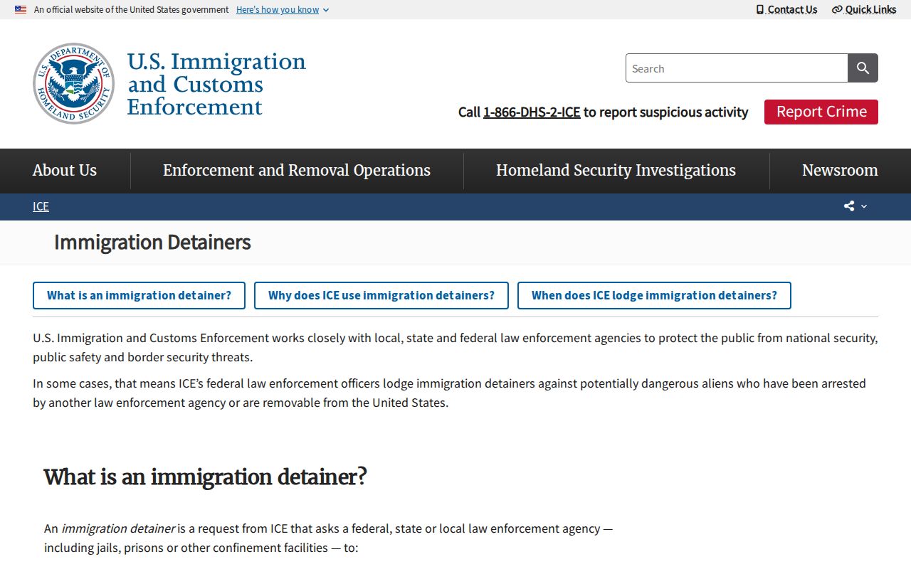 ICE official immigration detainer information page