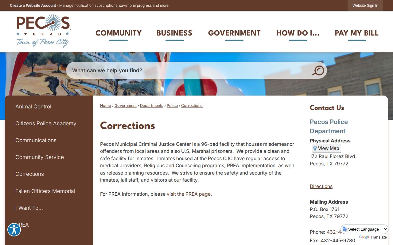 Pecos Municipal Criminal Justice Center corrections and release information