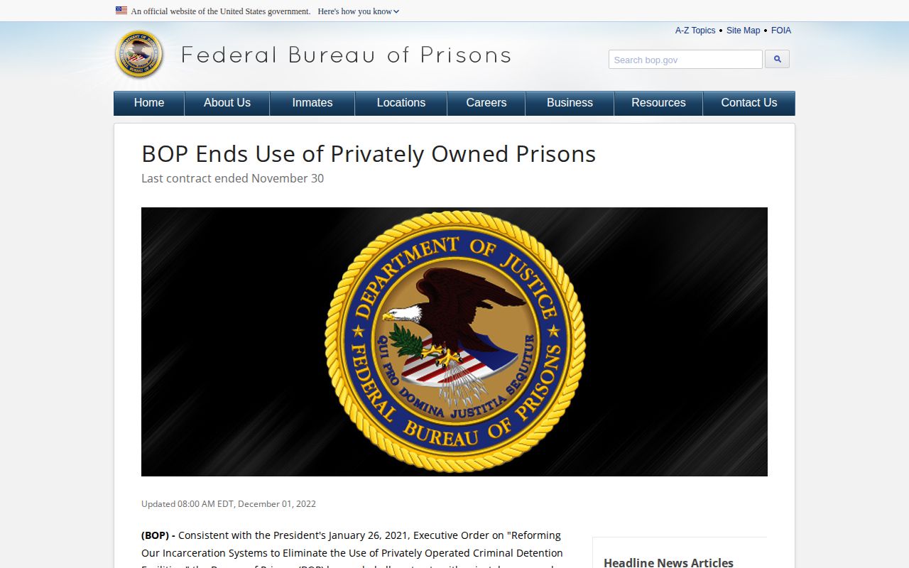 Bureau of Prisons announcement ending privately managed prisons