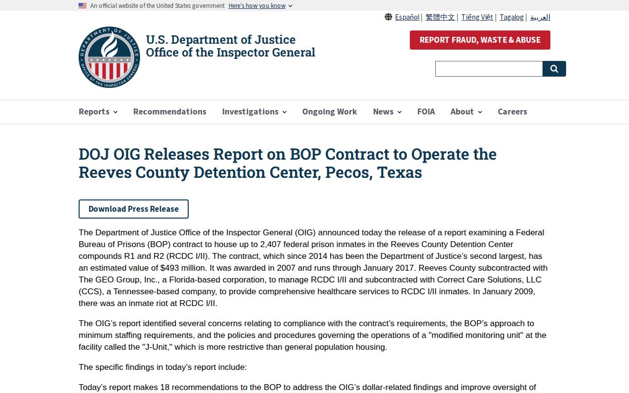 Department of Justice Inspector General Reeves County Detention Center contract report