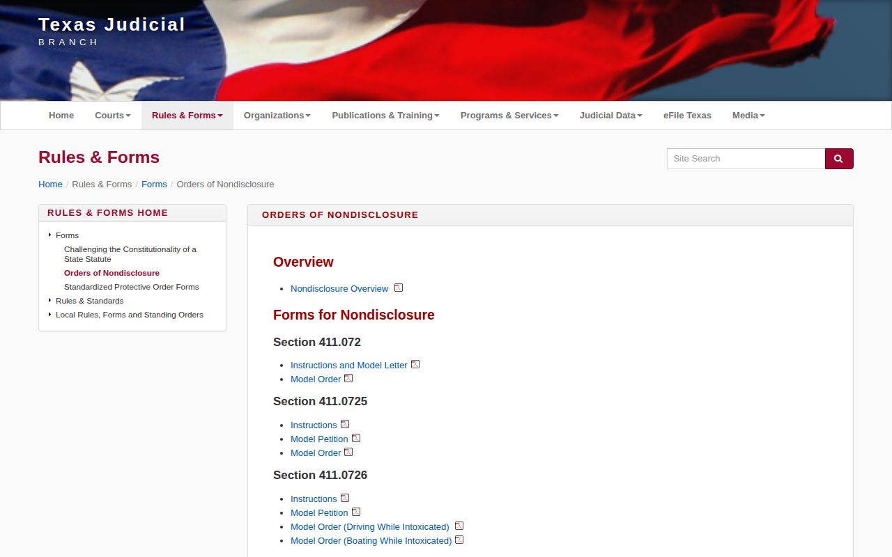 Texas Judicial Branch orders of nondisclosure forms page
